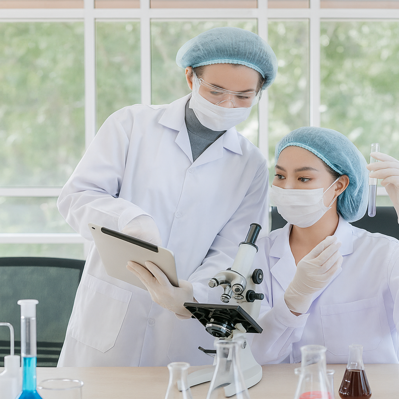 Scientists performing quality control tests