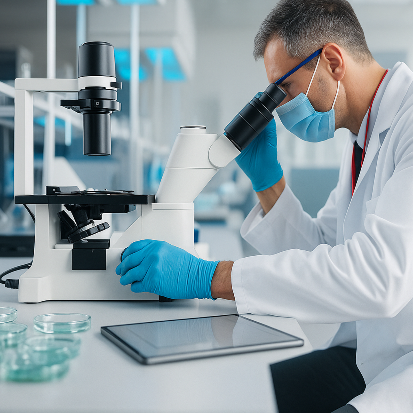 Scientist looking into a microscope in a clean lab